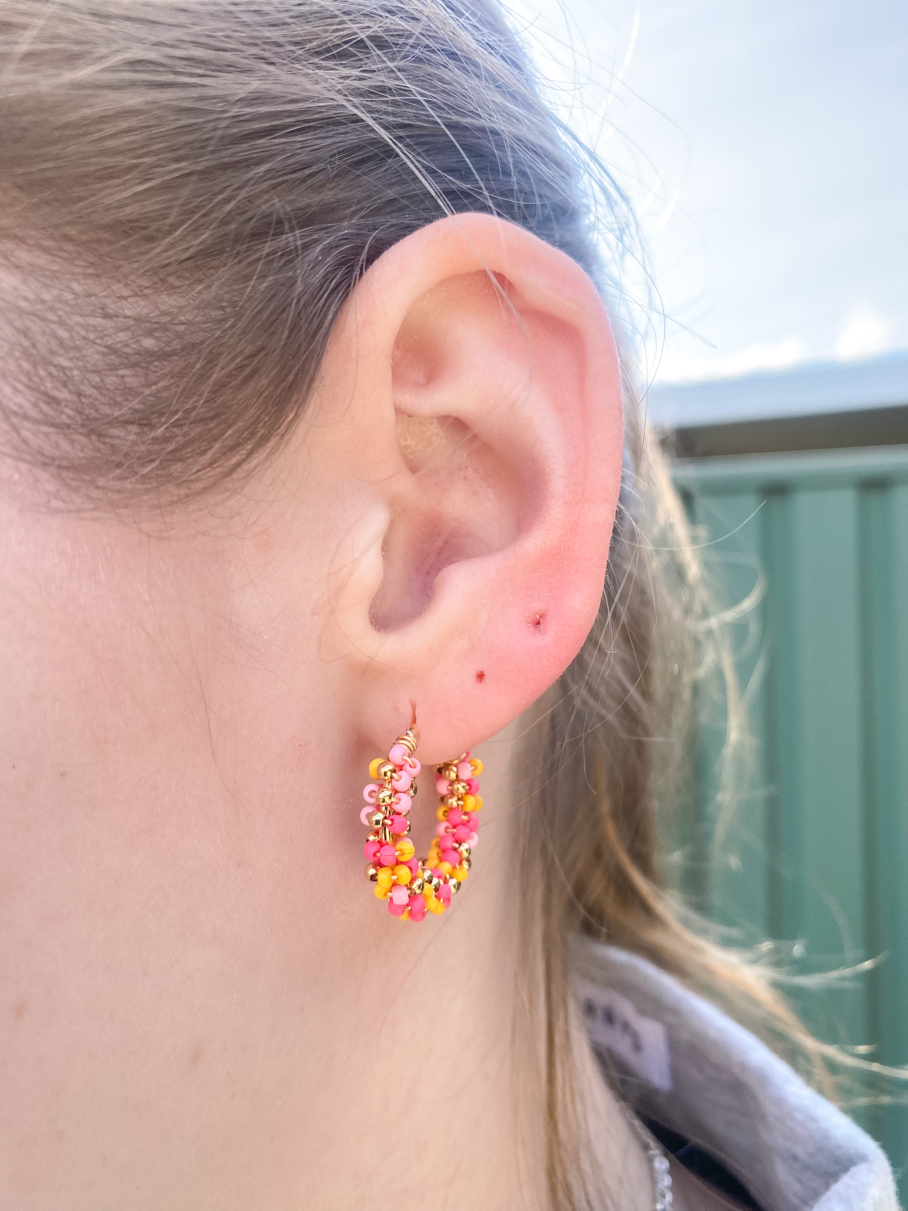 Pink and Yellow Beaded Hoops | 18k Gold