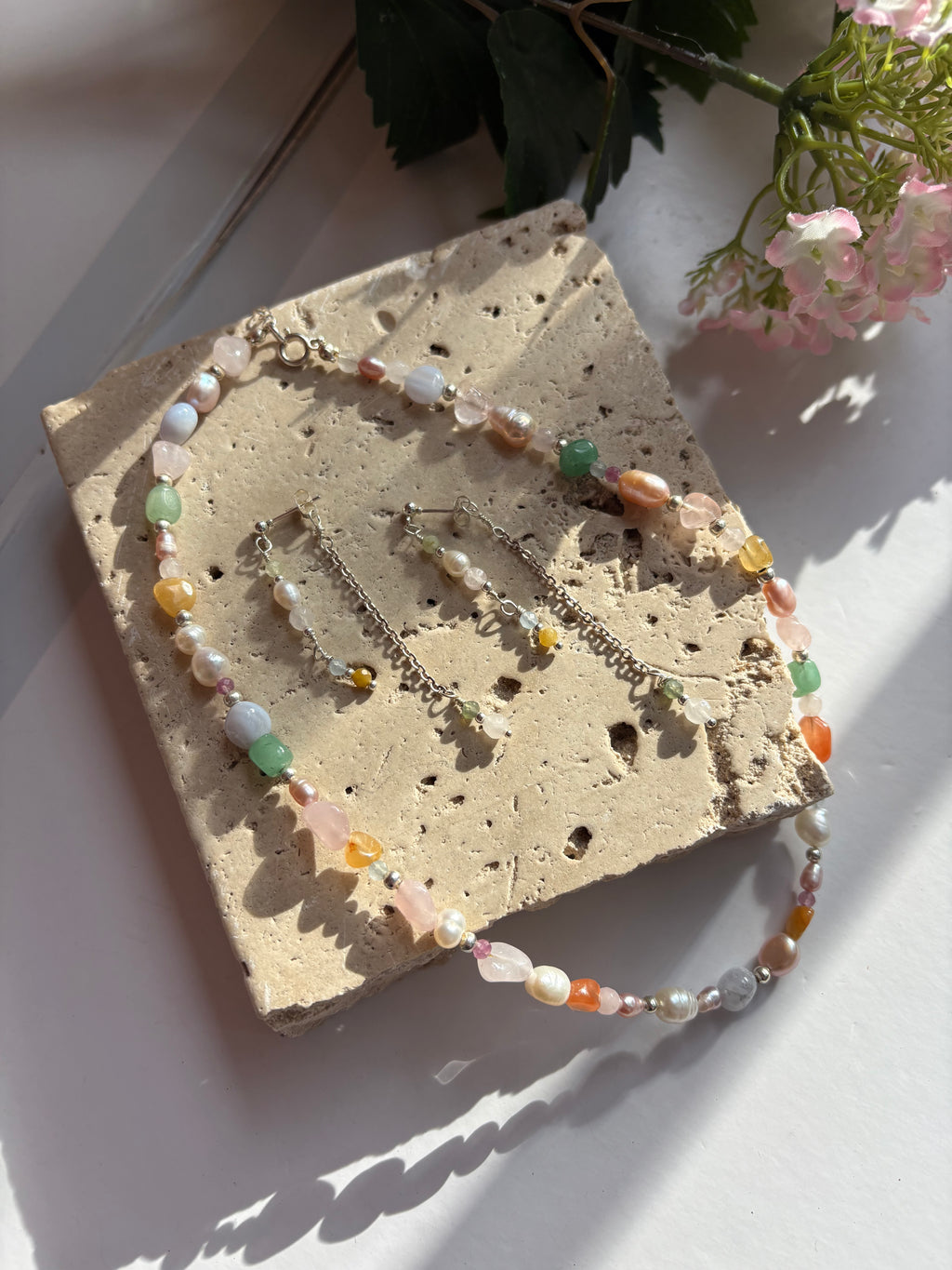 Dainty Beaded Dangles with Backing piece, Natural gemstones and Freshwater Pearls