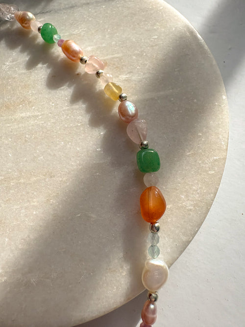 Natural Stone and Freshwater Pearl Beaded Necklace with Sterling Silver Clasp