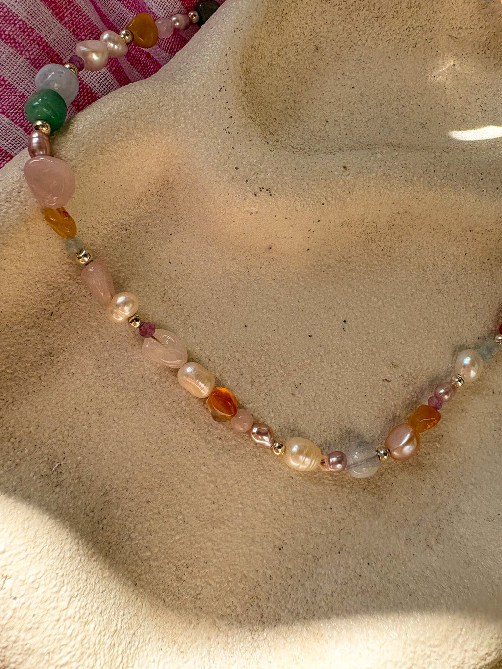 Natural Stone and Freshwater Pearl Beaded Necklace with Sterling Silver Clasp