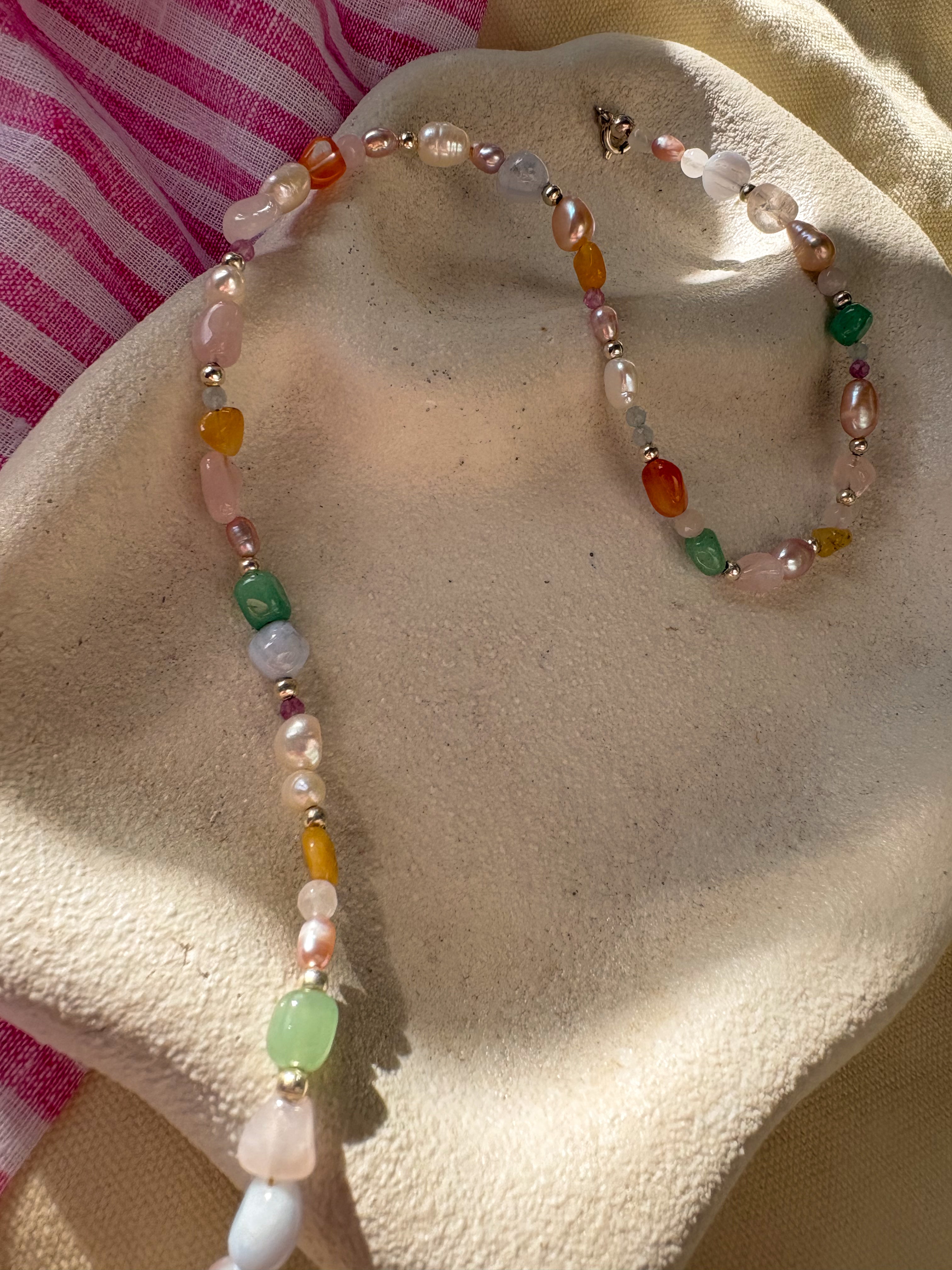 Natural Stone and Freshwater Pearl Beaded Necklace with Sterling Silver Clasp