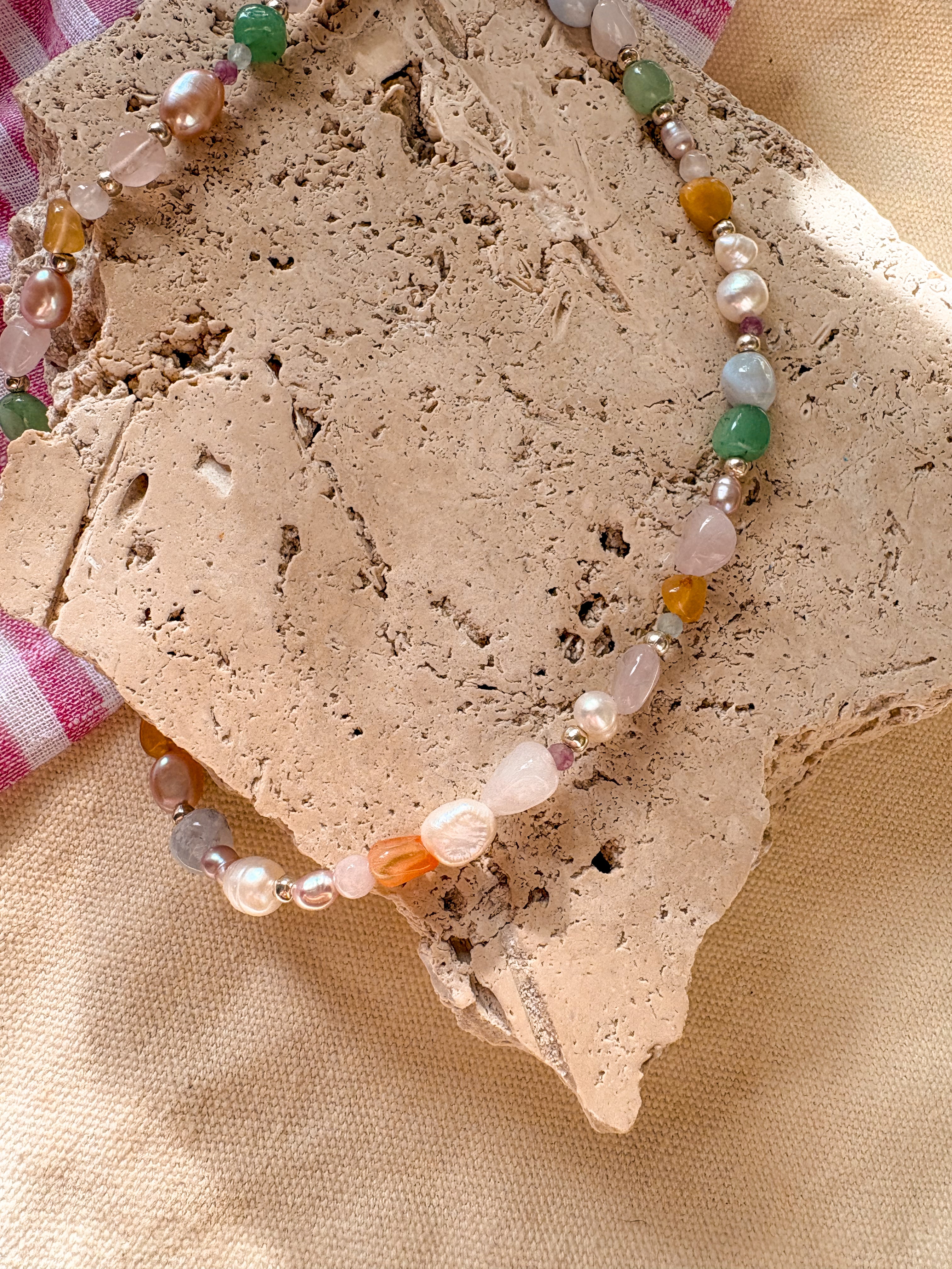 Natural Stone and Freshwater Pearl Beaded Necklace with Sterling Silver Clasp