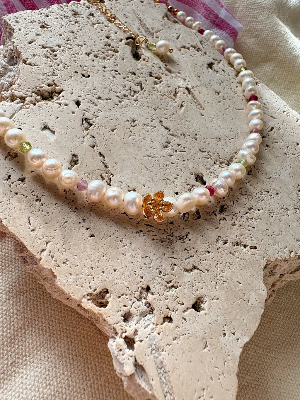 Freshwater Pearl and Natural Stone Beaded Necklace with Flower Charm
