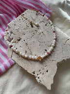 Freshwater Pearl and Natural Stone Beaded Necklace with Flower Charm