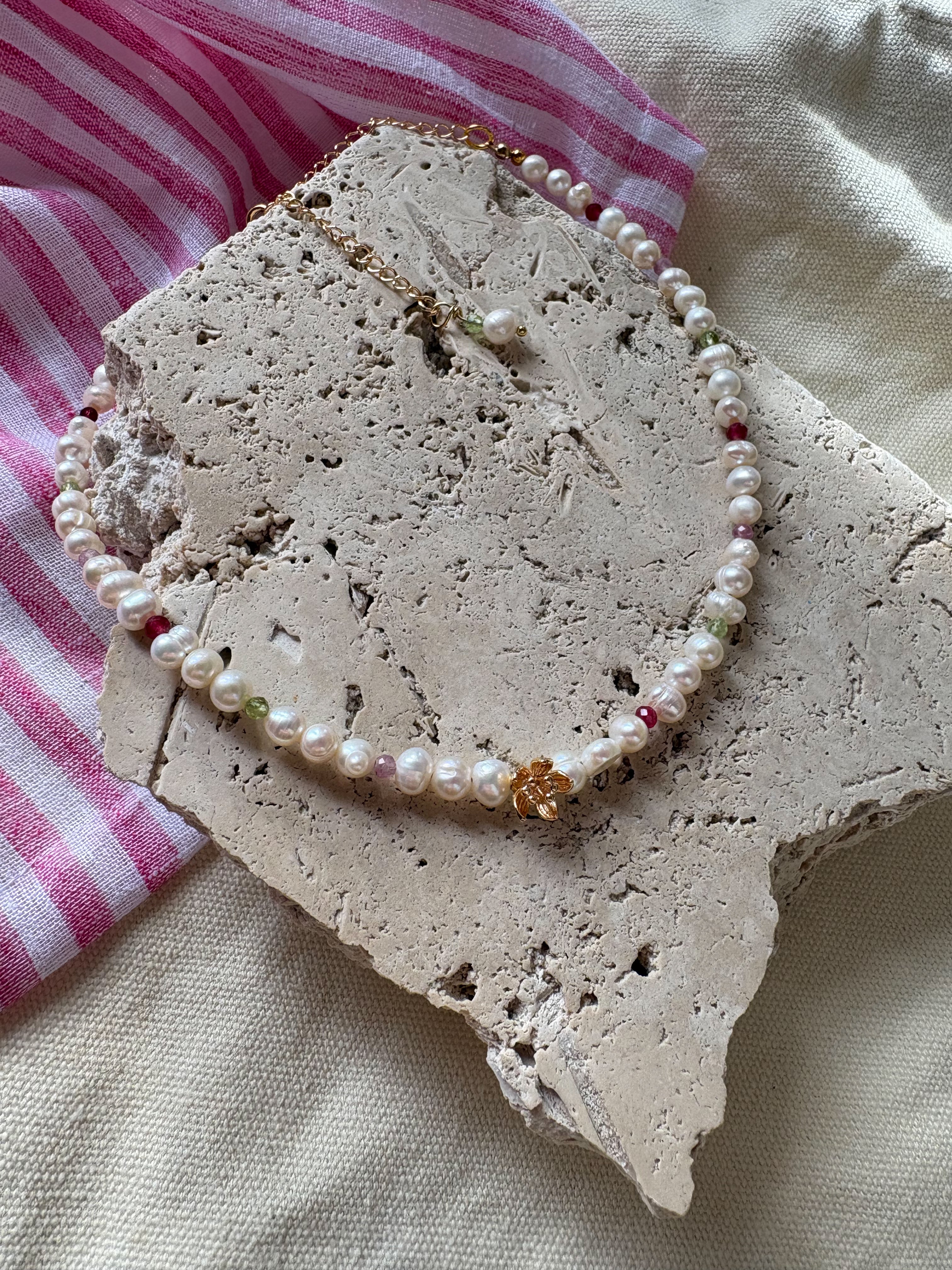 Freshwater Pearl and Natural Stone Beaded Necklace with Flower Charm