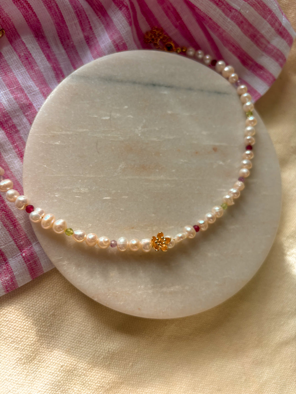 Freshwater Pearl and Natural Stone Beaded Necklace with Flower Charm