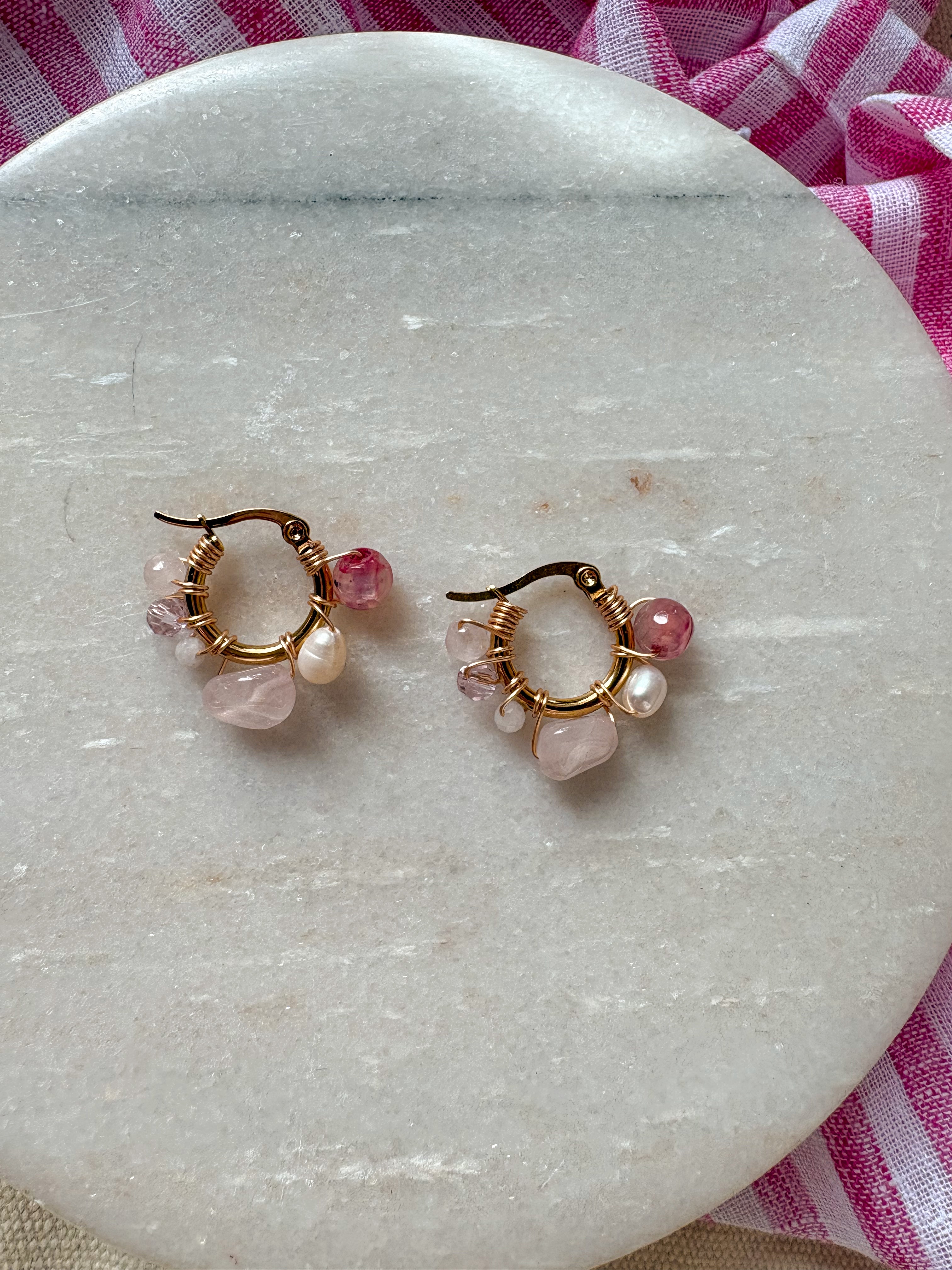 Pink Natural Stone Wire Wrapped 18k Gold plated hoops