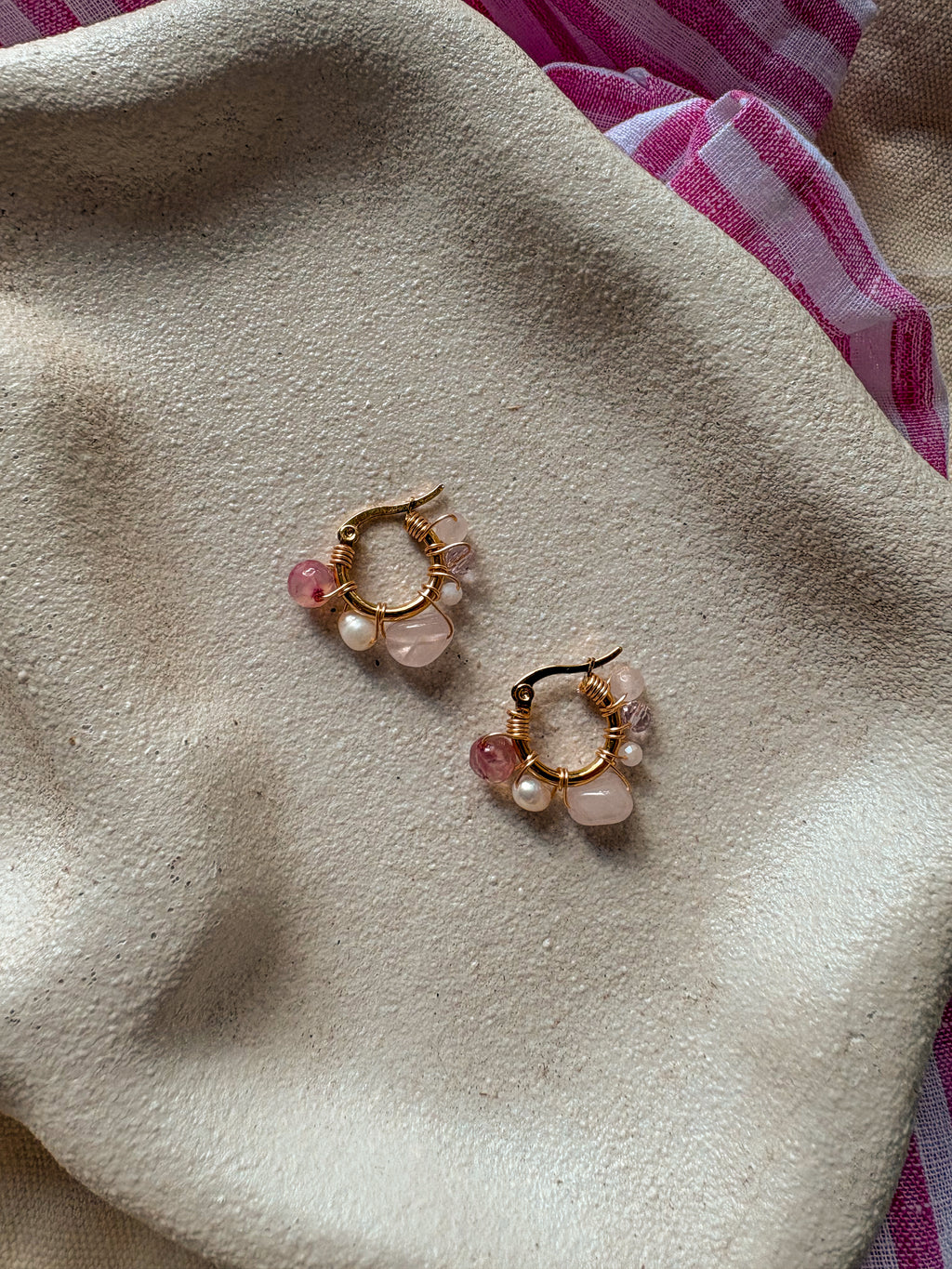 Pink Natural Stone Wire Wrapped 18k Gold plated hoops