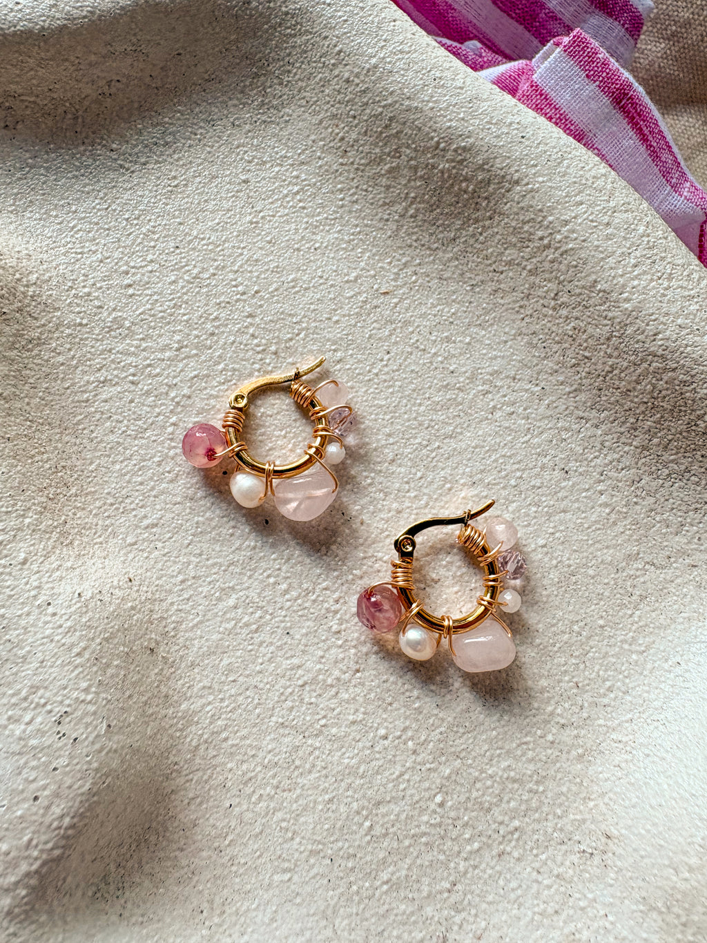 Pink Natural Stone Wire Wrapped 18k Gold plated hoops