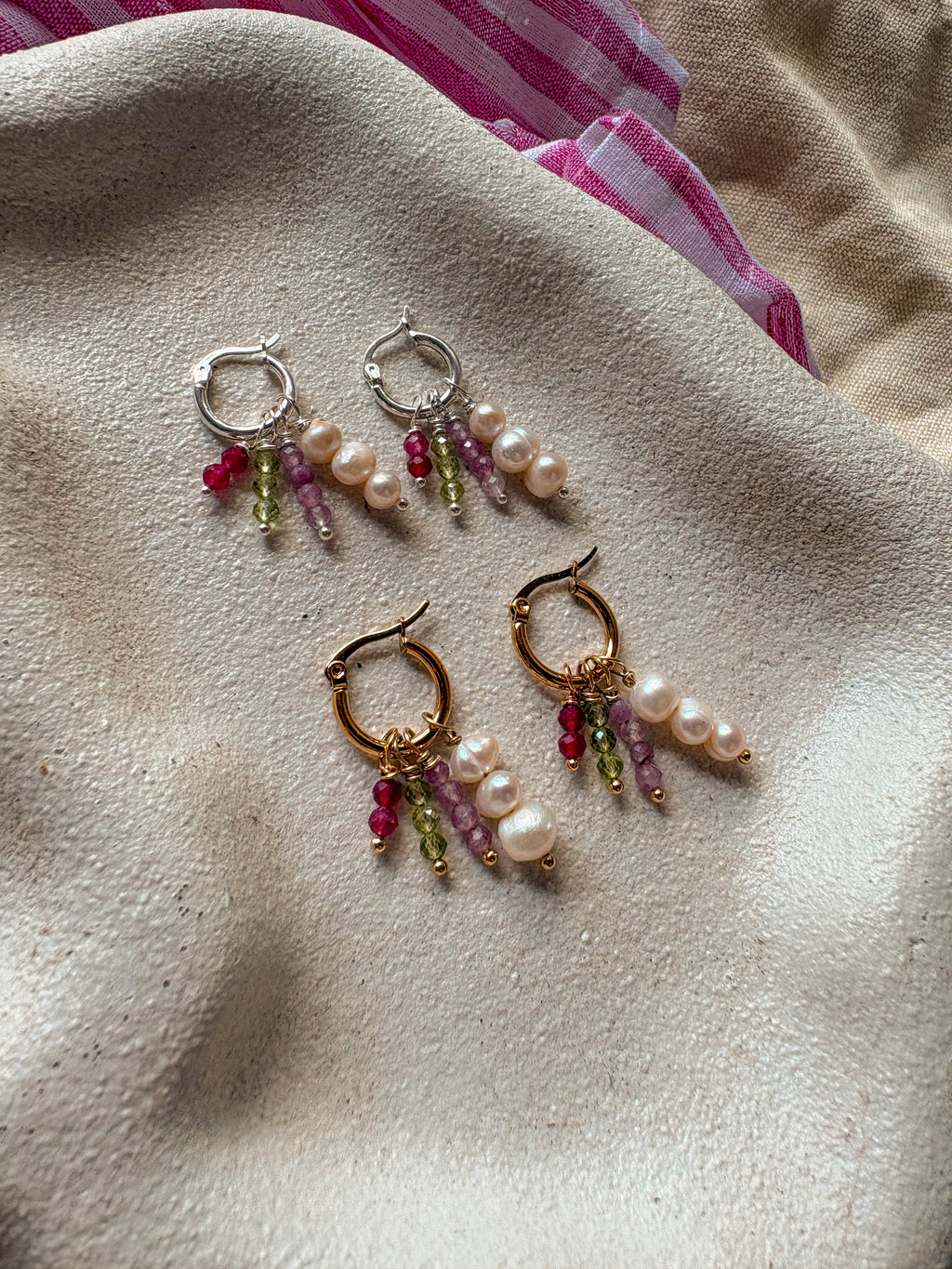 Beaded Charm Hoops with Natural Gemstones and Freshwater pearls