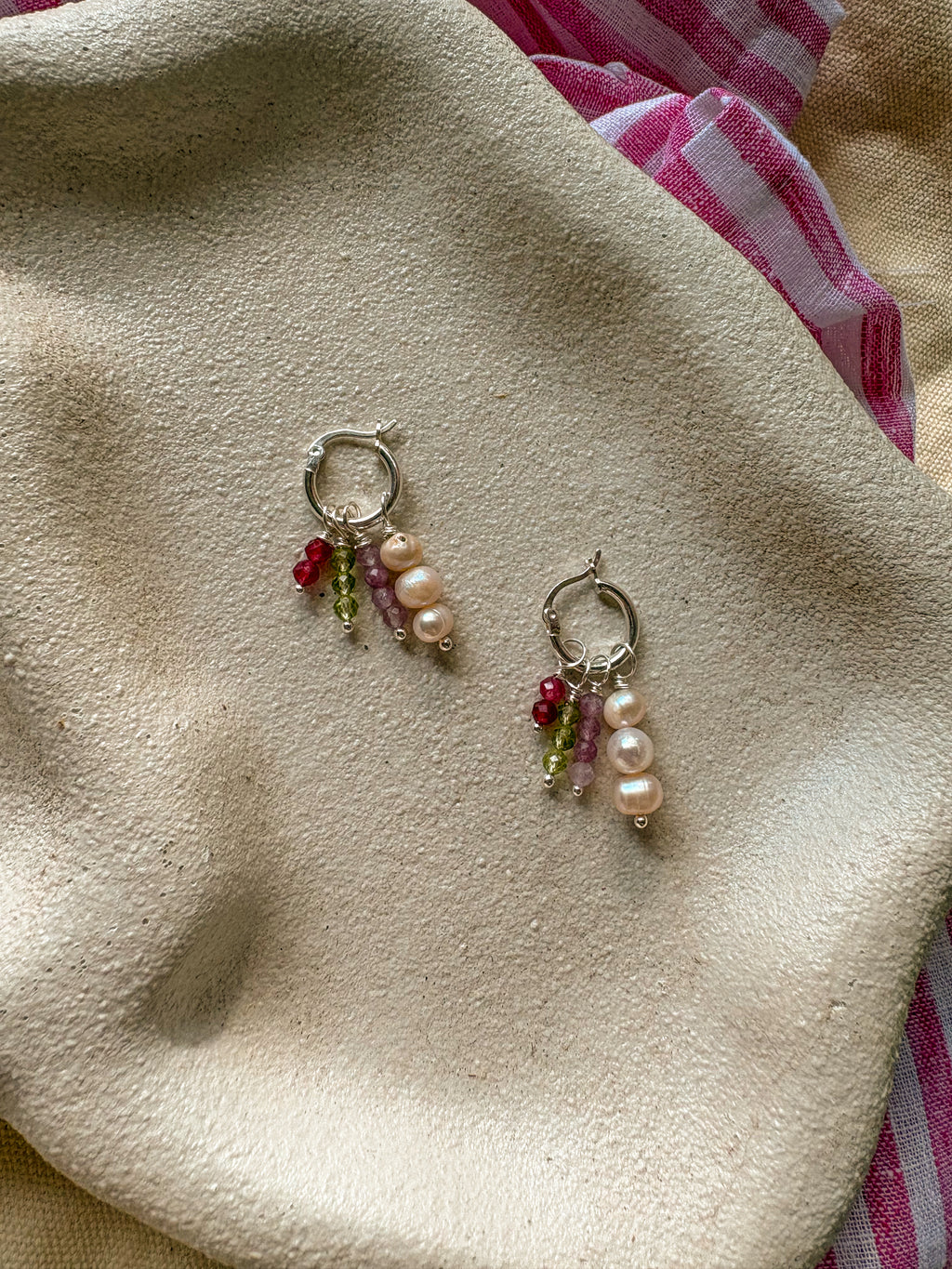 Beaded Charm Hoops with Natural Gemstones and Freshwater pearls