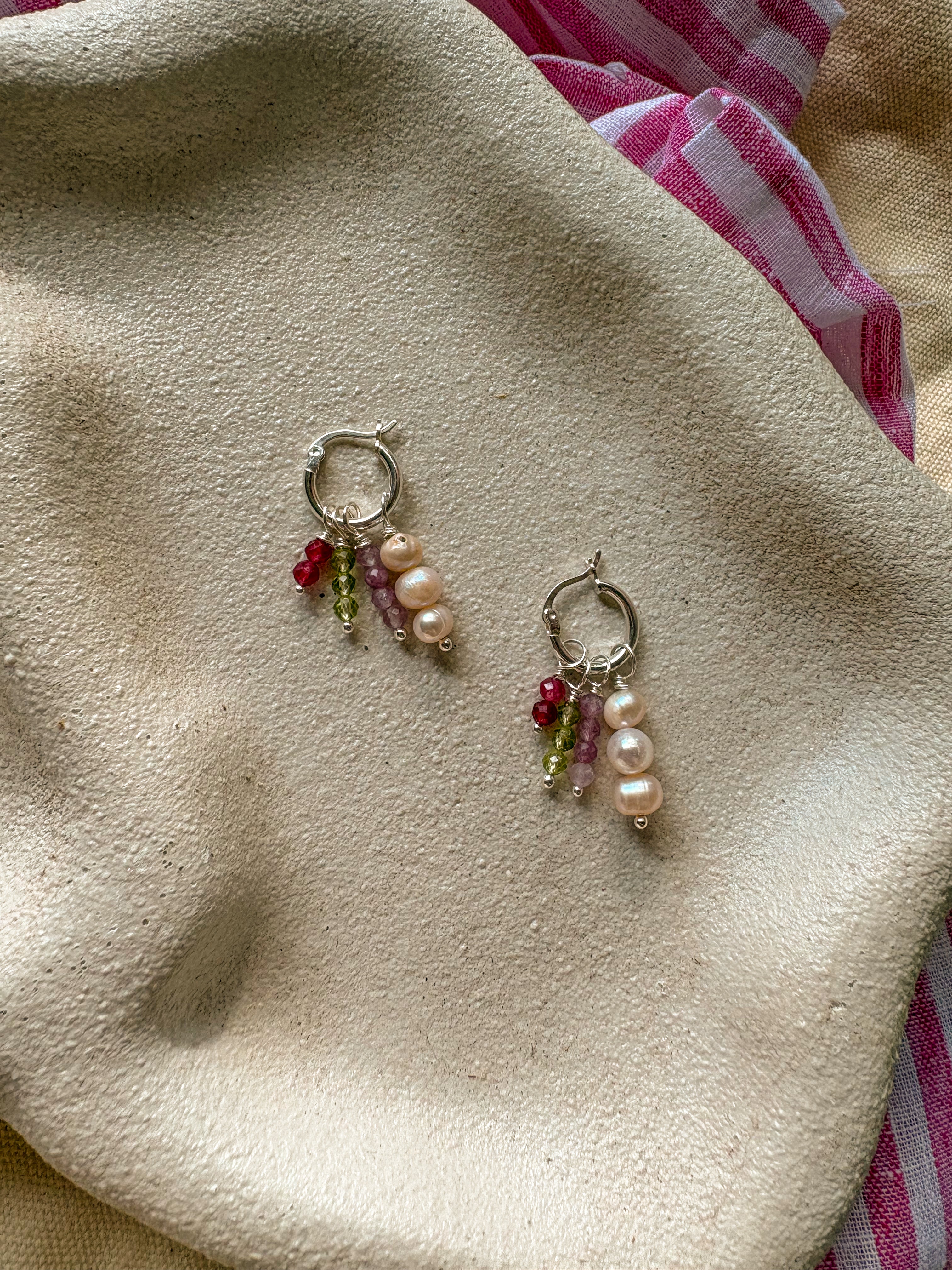 Beaded Charm Hoops with Natural Gemstones and Freshwater pearls