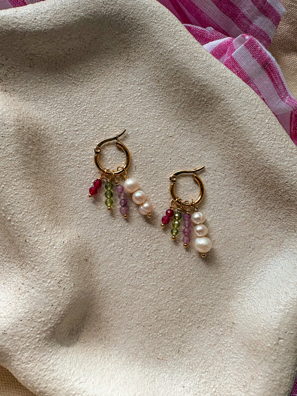 Beaded Charm Hoops with Natural Gemstones and Freshwater pearls