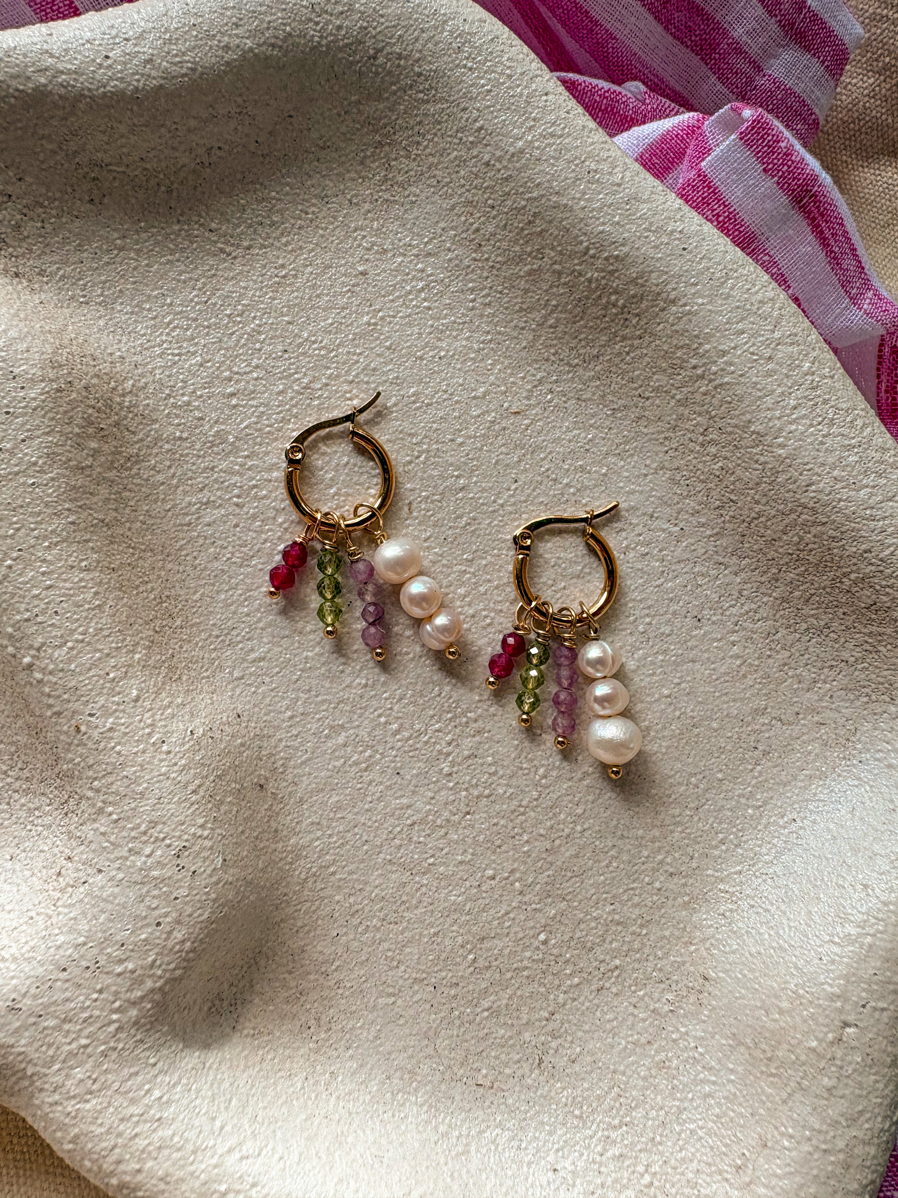 Beaded Charm Hoops with Natural Gemstones and Freshwater pearls