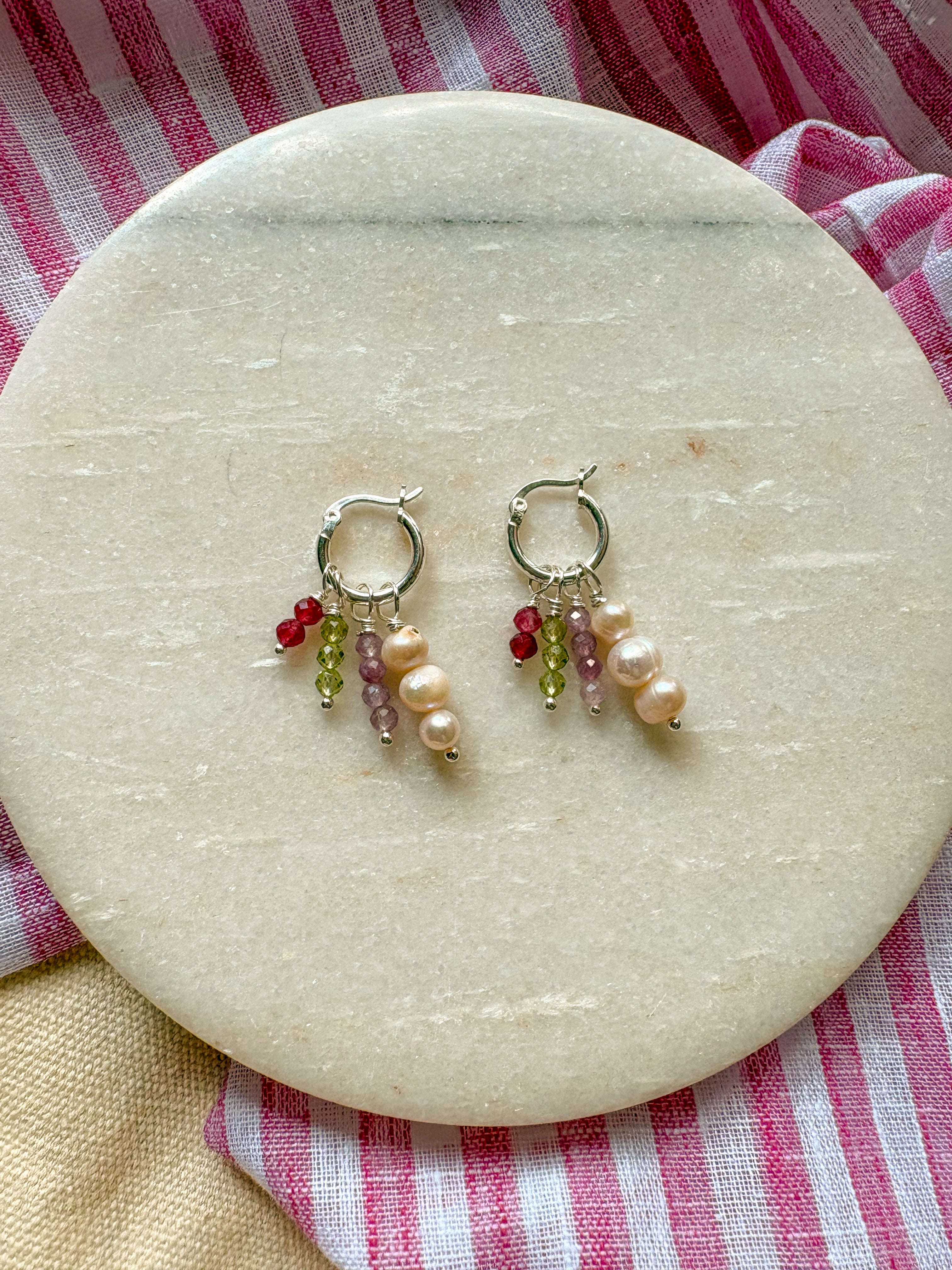 Beaded Charm Hoops with Natural Gemstones and Freshwater pearls