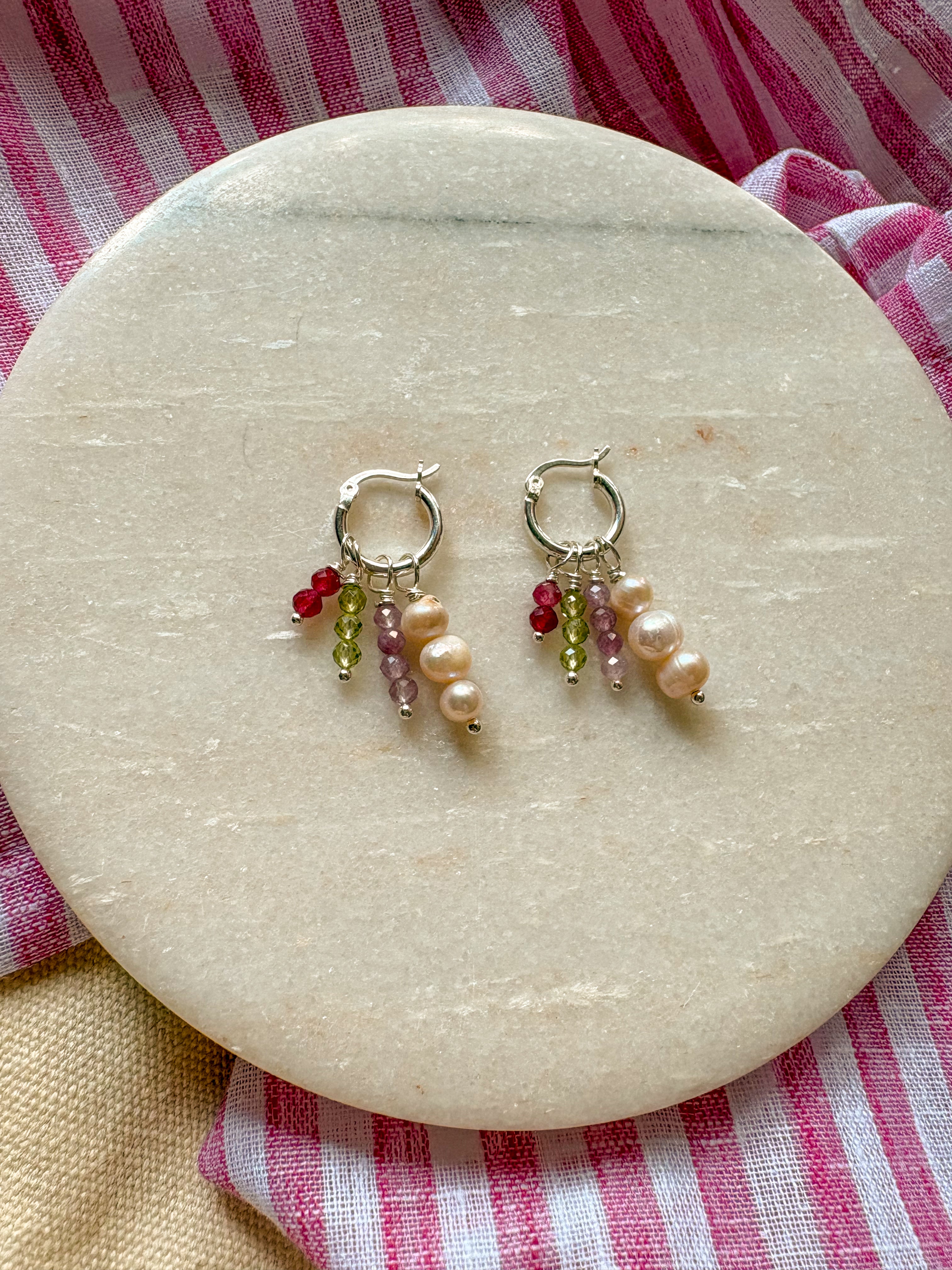 Beaded Charm Hoops with Natural Gemstones and Freshwater pearls