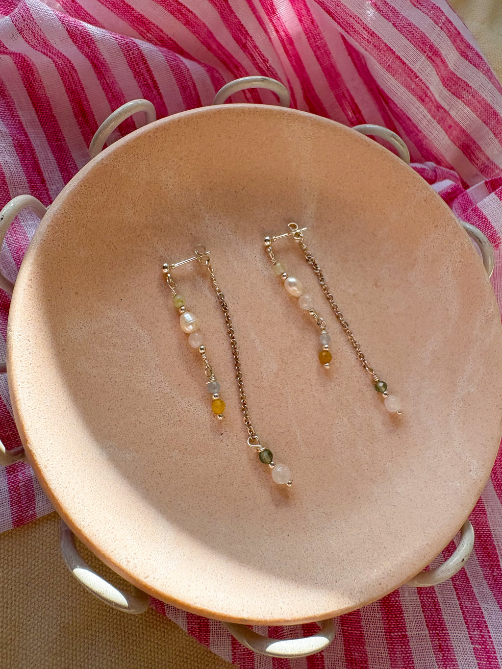 Dainty Beaded Dangles with Backing piece, Natural gemstones and Freshwater Pearls