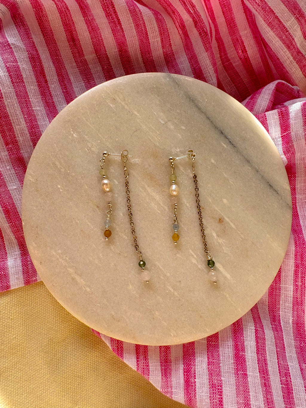 Dainty Beaded Dangles with Backing piece, Natural gemstones and Freshwater Pearls