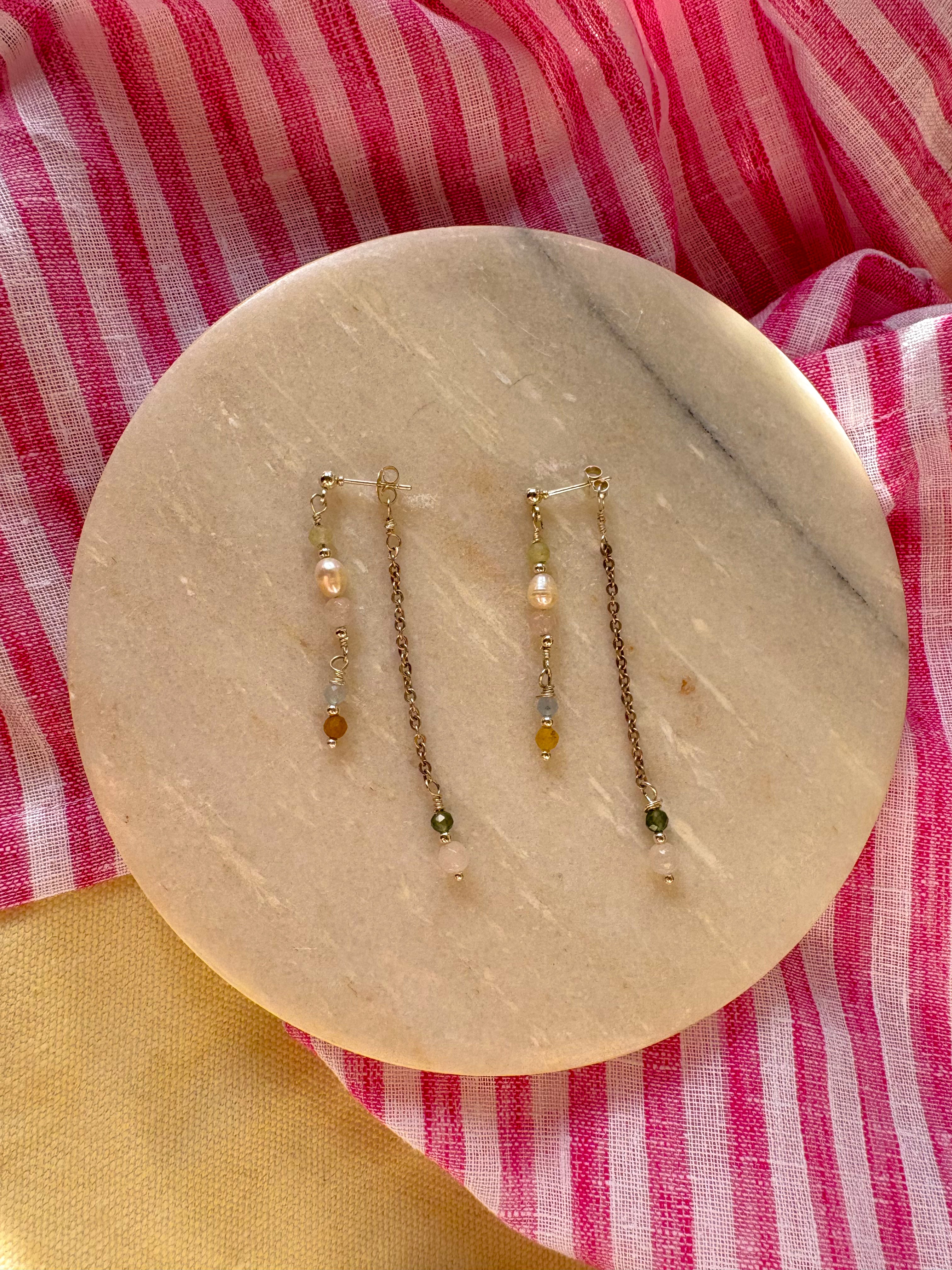 Dainty Beaded Dangles with Backing piece, Natural gemstones and Freshwater Pearls