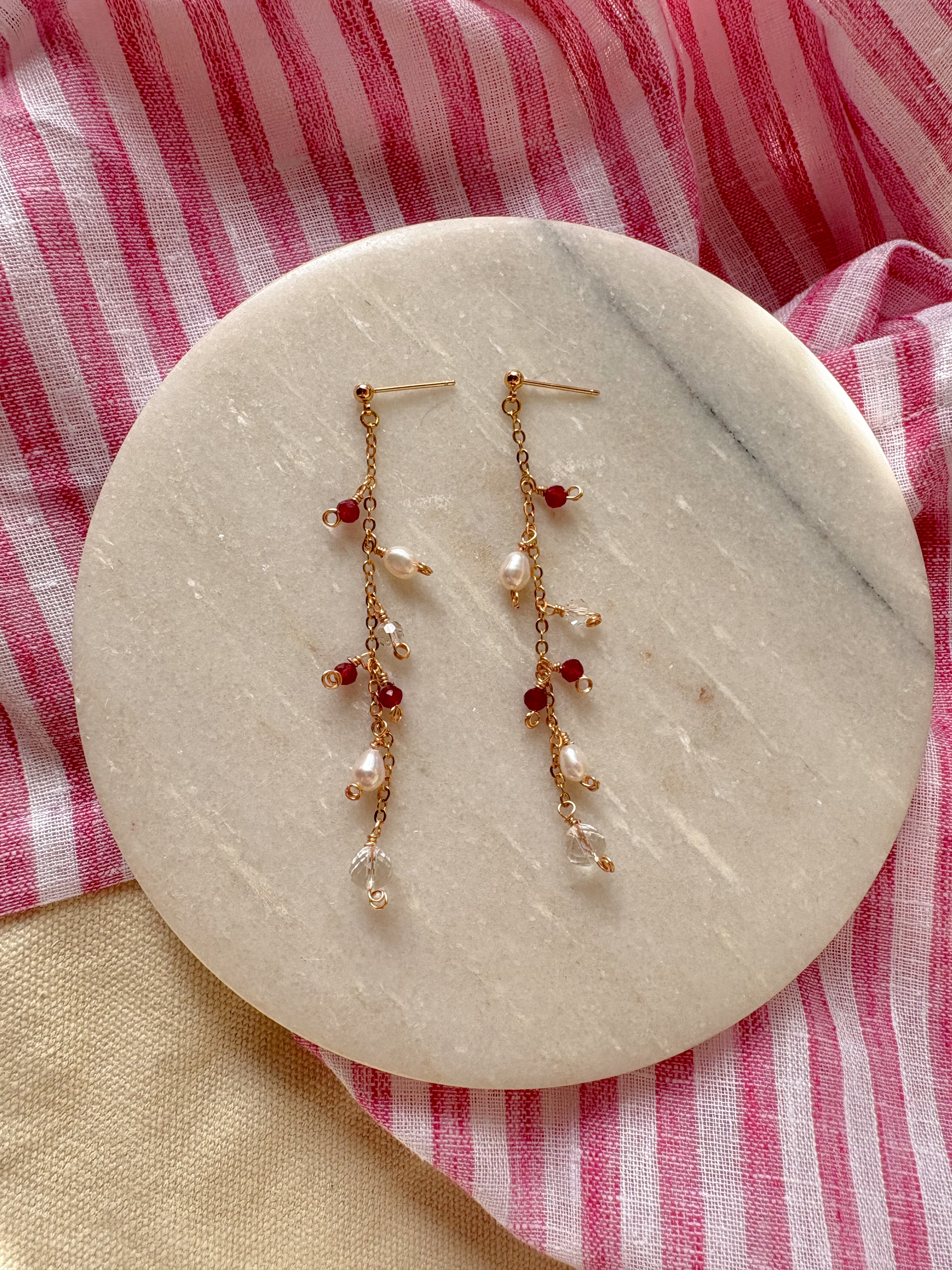 Natural Ruby Beads on Long dainty chain Dangle earrings