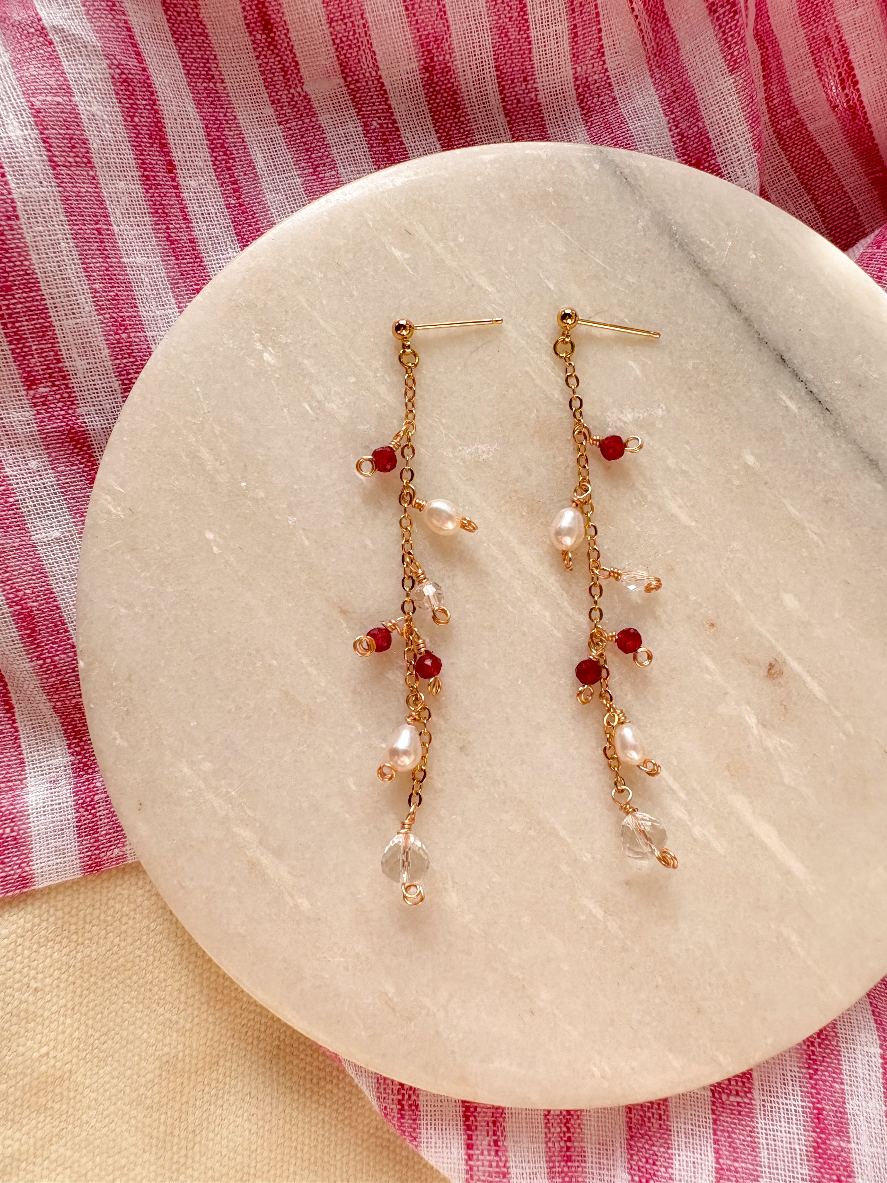 Natural Ruby Beads on Long dainty chain Dangle earrings