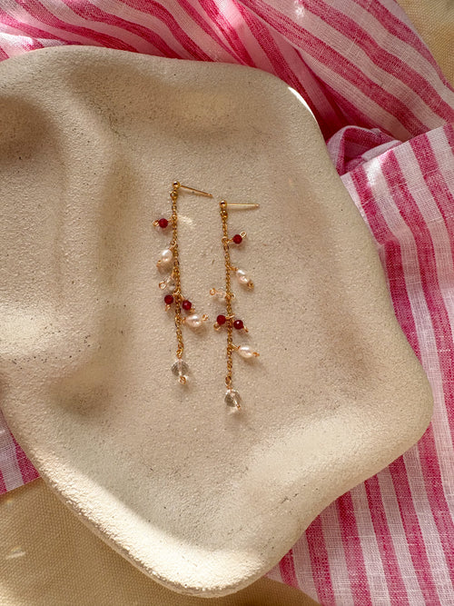 Natural Ruby Beads on Long dainty chain Dangle earrings