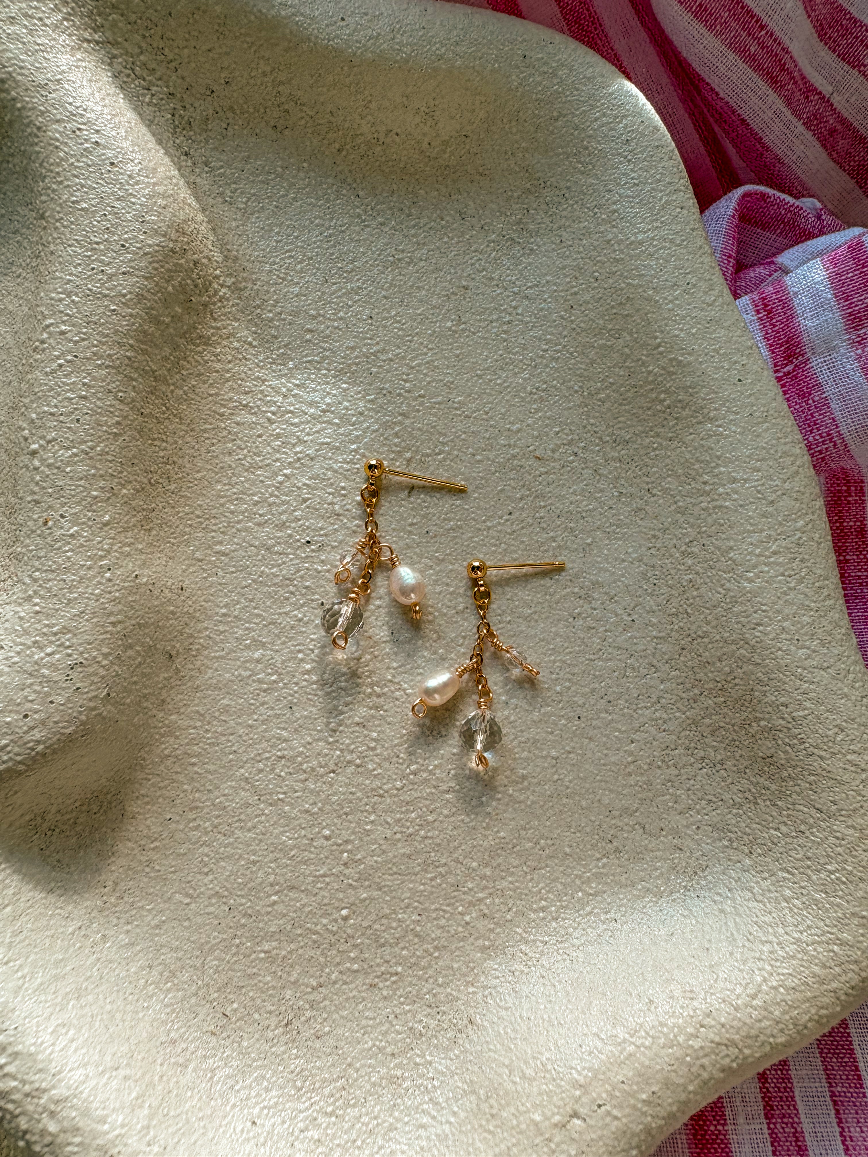 Dainty Beaded Chain Earrings with Freshwater Pearl, Quartz and Austrian Crystal