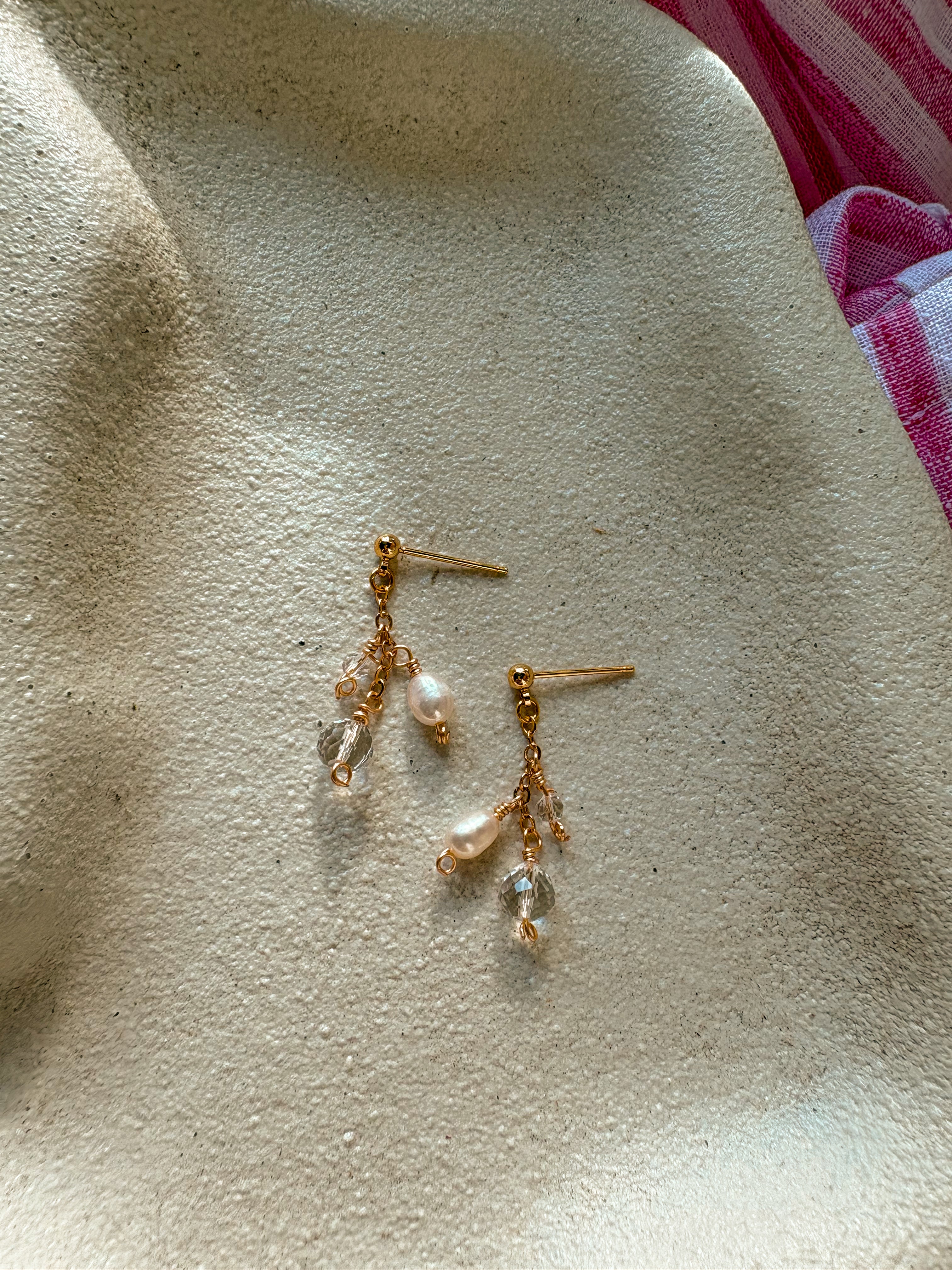 Dainty Beaded Chain Earrings with Freshwater Pearl, Quartz and Austrian Crystal