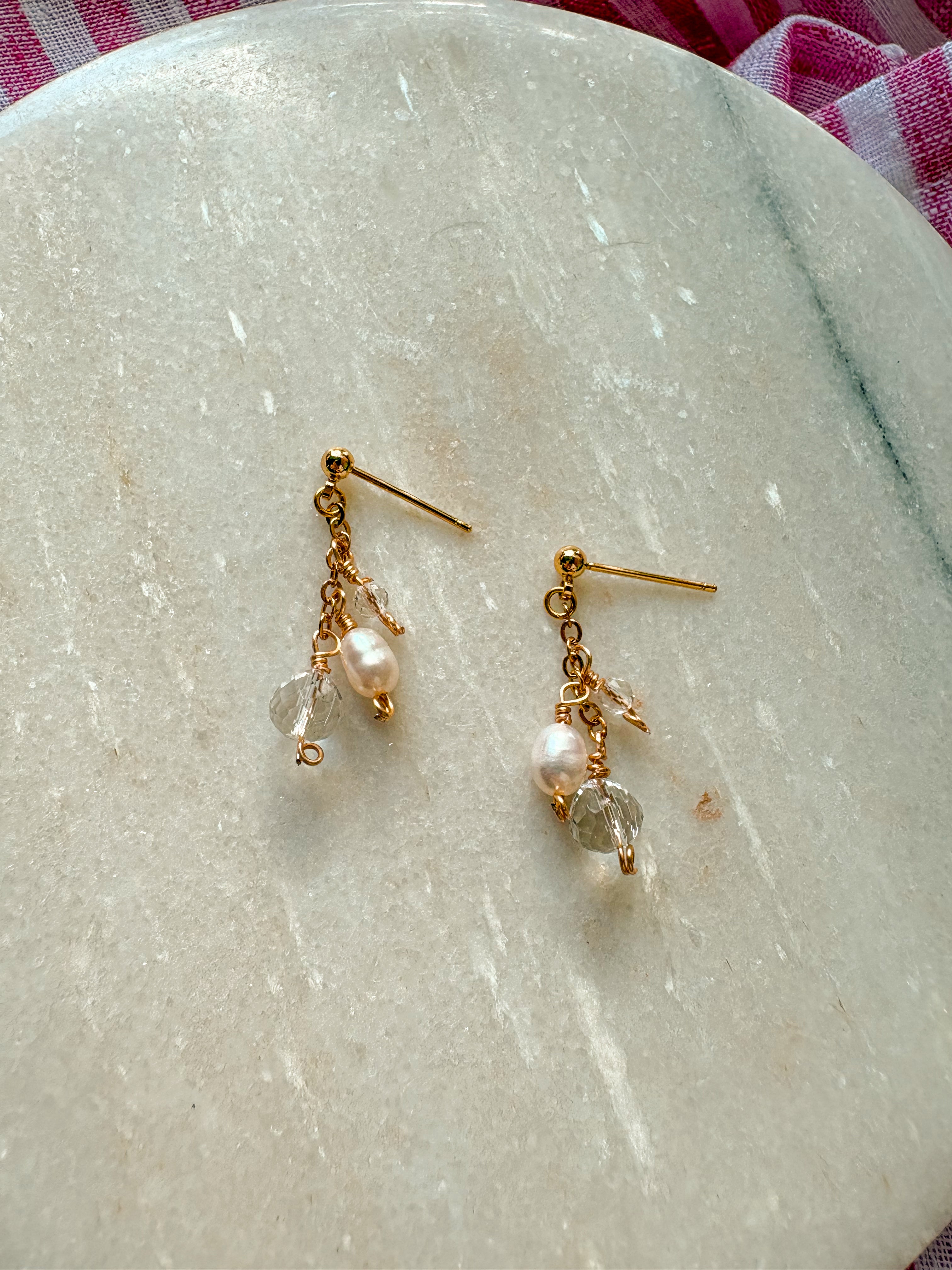 Dainty Beaded Chain Earrings with Freshwater Pearl, Quartz and Austrian Crystal