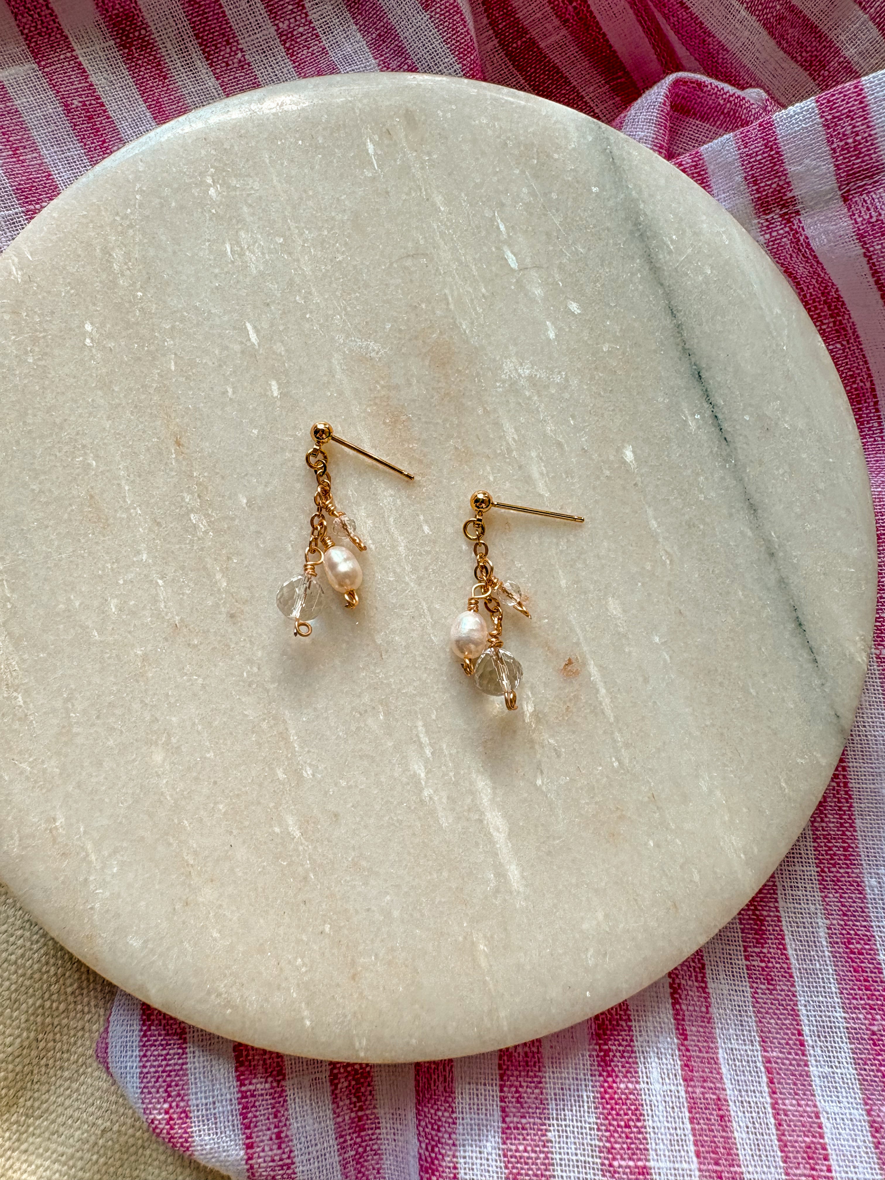 Dainty Beaded Chain Earrings with Freshwater Pearl, Quartz and Austrian Crystal