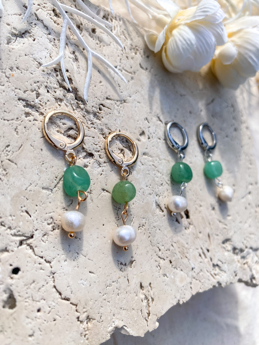 Green Aventurine and Pearl Huggies