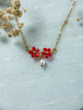Red Beaded Flower with Freshwater Pearl Dangle Necklace