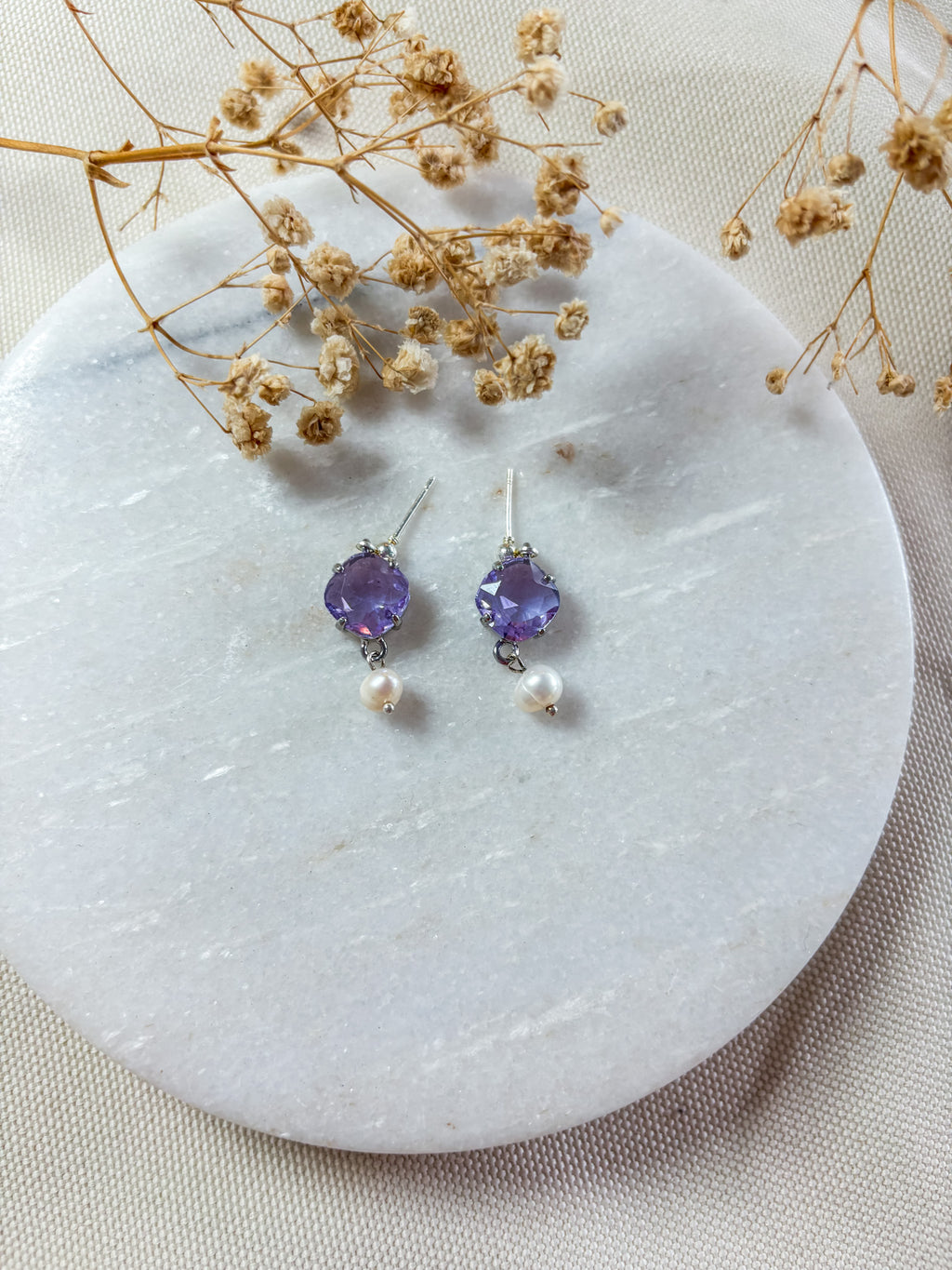 Purple Cubic Zirconia and Pearl Dangles | Silver