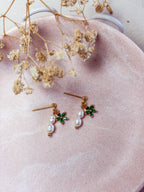 18k Gold Green Flower with Pearl Dangles