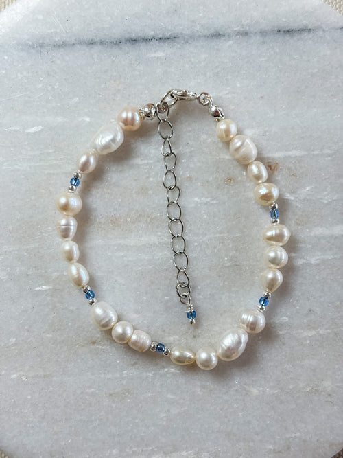 Freshwater Pearl Bracelet with Silver and Blue Beads | Sterling Silver