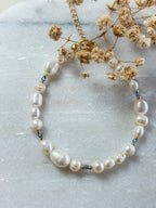 Freshwater Pearl Bracelet with Gold and Blue Beads | 18k Gold