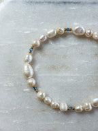 Freshwater Pearl Bracelet with Gold and Blue Beads | 18k Gold