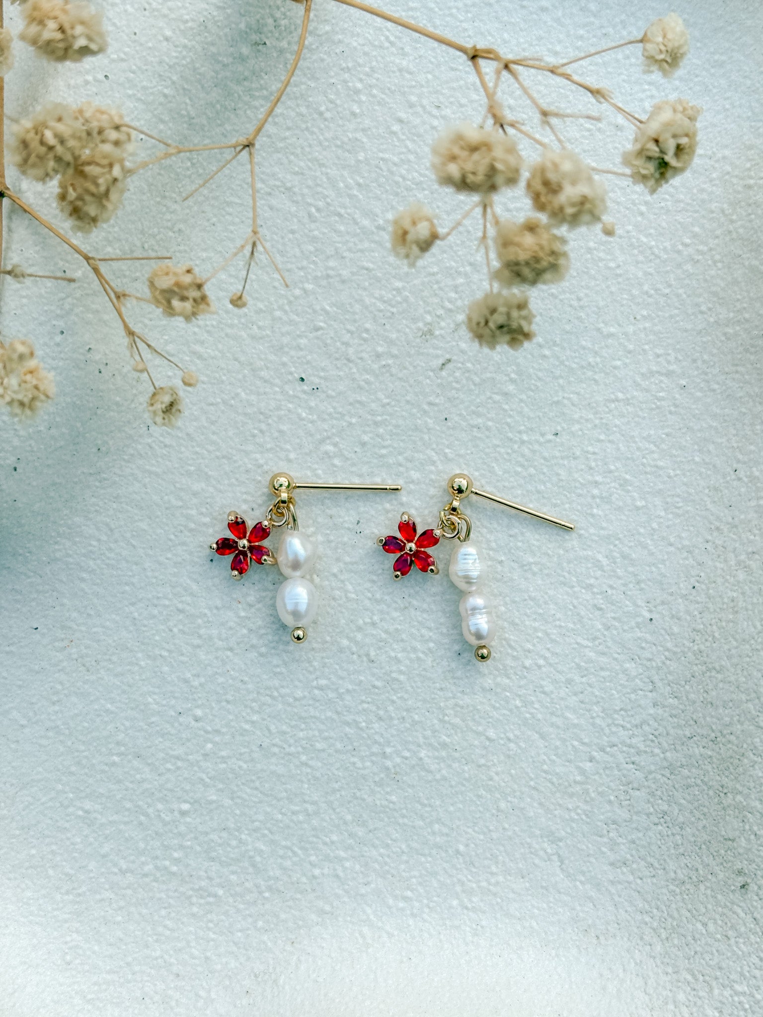 18k Gold Red Flower with Pearl Dangles